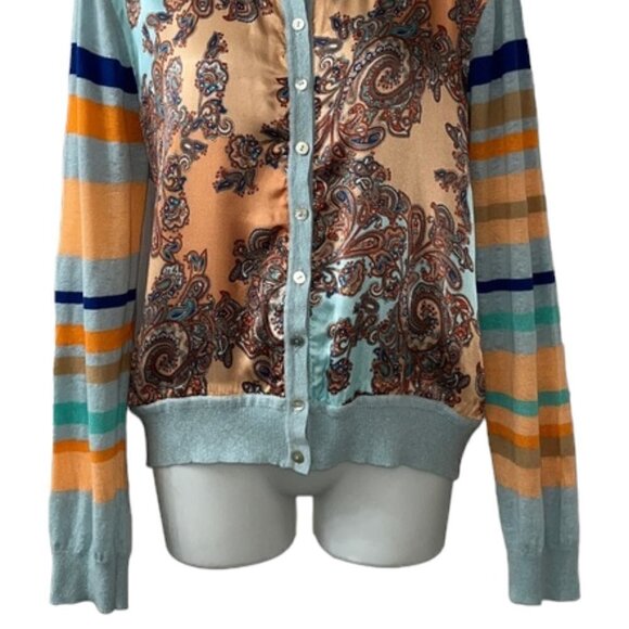 Gorgeous Sundance light blue & orange Paisley Button Down Silk & Linen Cardigan - Picture 4 of 9